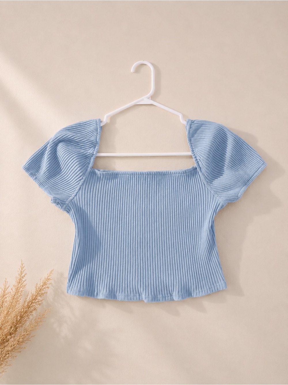 H&M - Square Neck Ribbed Puff Sleeve Top - Light Blue
